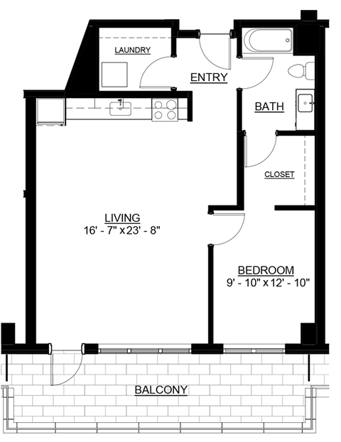Floor plan for 1 bed, 1 bath, 774 sqft
